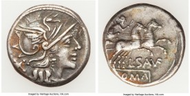 L. Saufeius (ca. 152 BC). AR denarius (27mm, 3.58 gm, 9h). VF. Rome. Head of Roma right, wearing winged helmet decorated with griffin crest, pendant e...