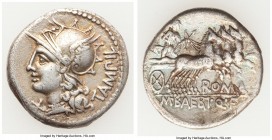 M. Baebius Q.f. Tampilus (ca. 137 BC). AR denarius (19mm, 3.82 gm, 3h). XF. TAMPIL, head of Roma left in winged helmet decorated with griffin crest, w...