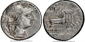 L. Minucius (ca. 133 BC). AR denarius (19mm, 2h). NGC Choice VF, light scuff. Rome. Head of Roma right, wearing pendant earring and winged helmet deco...