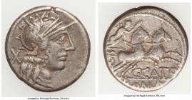 C. Porcius Cato (ca. 123 BC). AR denarius (18mm, 3.78 gm, 2h). Choice Fine. Rome. Head of Roma right, wearing winged helmet decorated with griffin cre...