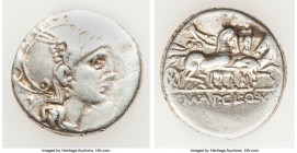 Titus Manlius Mancius, Appius Claudius Pulcher, and Q. Urbinius, moneyers (111-110 BC). AR denarius (17mm, 3.89 gm, 3h). VF, graffiti. Rome. Head of R...