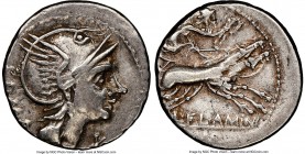 L. Flaminius Chilo (ca. 109-108 BC). AR denarius (19mm, 7h). NGC Choice VF. Rome. ROMA, head of Roma right, wearing pendant earring and winged helmet ...