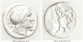 M. Herennius (ca. 108-107 BC). AR denarius (18mm, 3.73 gm, 11h). Fine, bankers marks. PIETAS (TA ligate), head of Pietas right / M•HERENNI (HE ligate)...