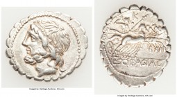 L. Scipio Asiagenus (ca. 106 BC). AR serrate denarius (20mm, 3.85 gm, 3h). Choice VF. Rome. Laureate head of Jupiter left / L•SCIP•ASIAG, Jupiter in q...