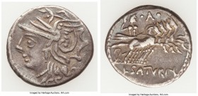 L. Appuleius Saturninus (ca. 104 BC). AR denarius (19mm, 3.77 gm, 11h). Choice Fine. Rome. Head of Roma left, wearing pendant earring, necklace, and w...