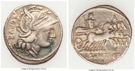 L. Sentius C. f. (ca. 101 BC). AR denarius (21mm, 3.86 gm, 5h). Choice Fine. Rome. ARG•PVB (AR ligate), head of Roma right, wearing winged helmet deco...