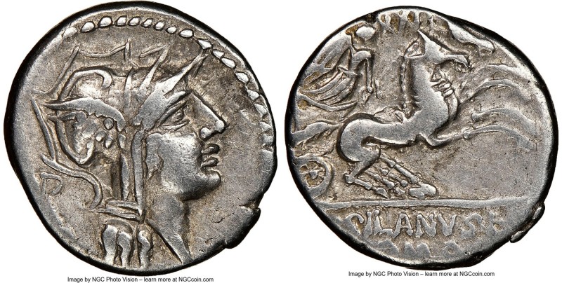 D. Silanus L.f. (ca. 91 BC). AR denarius (17mm, 3h). NGC VF. Rome. Head of Roma ...