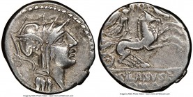 D. Silanus L.f. (ca. 91 BC). AR denarius (17mm, 3h). NGC VF. Rome. Head of Roma right, wearing winged helmet decorated with griffin crest; D behind / ...