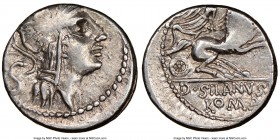 D. Silanus L.f. (ca. 91 BC). AR denarius (17mm, 11h). NGC VF. Rome. Head of Roma right, wearing winged helmet decorated with griffin crest; S behind /...