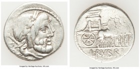 L. Rubrius Dossenus (ca. 87 BC). AR denarius ( Rome. DOSSEN, laureate head of Jupiter right with scepter over shoulder; dotted border / L•RVBRI, trium...