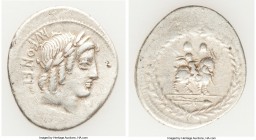 Mn. Fonteius C.f. (ca. 85 BC). AR denarius (22mm, 3.88 gm, 5h). Choice Fine. Rome. MN•FONTEI-C F (MN and NT ligate), laureate head of Apollo-Vejovis r...