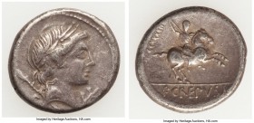 Pub. Crepusius (ca. 82 BC). AR denarius (18mm, 4.13 gm, 8h). VF. Rome. Laureate head of Apollo right; scepter over shoulder; branch below chin / P•CRE...