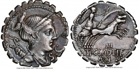 Ti. Claudius Ti.f. Ap.n. Nero (ca. 79 BC). AR denarius serratus (18mm, 7h). NGC Choice VF, scratches. Rome. Diademed, draped bust of Diana right, bow ...