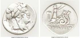 M. Volteius M.f. (78/75 BC). AR denarius (18mm, 3.45 gm, 6h). Fine, bankers marks. Rome. Head of Bacchus or Liber right, wearing ivy wreath / M•VOLTEI...