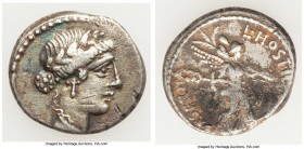 L. Hostilius Saserna (48 BC). AR denarius (19mm, 3.73 gm, 6h). Choice Fine, edge chips, scratches. Rome. Female head right, wearing laurel wreath, hai...