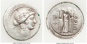 P. Clodius M.f. Turrinus (42 BC). AR denarius (18mm, 3.90 gm, 5h). Choice VF. Rome. Laureate head of Apollo right; lyre in left field / P•CLODIVS-M•F•...