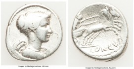 L. Mussidius Longus (42 BC). AR denarius (18mm, 3.70 gm, 12h). About VF, bankers mark. Rome. Draped bust of Victory right, her hair drawn back and col...