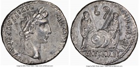 Augustus (27 BC-AD 14). AR denarius (19mm, 3.50 gm, 6h). NGC AU 4/5 - 2/5. Lugdunum, 2 BC-AD 4. CAESAR AVGVSTVS-DIVI F PATER PATRIAE, laureate head of...