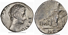 Augustus (27 BC-AD 14). AR denarius (18mm, 3h). NGC Choice VF. Lugdunum, ca. 15-13 BC. AVGVSTVS-DIVI•F, bare head of Augustus right / IMP-X, Apollo Ci...