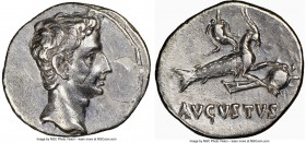 Augustus (27 BC-AD 14). AR denarius (19mm, 7h). NGC Choice VF, bankers mark, flan flaw. Spain (Colonia Patricia?), ca. 18-16 BC. Bare head of Augustus...