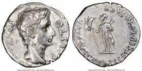 Augustus (27 BC-AD 14). AR denarius (19mm, 7h). NGC VF, bankers mark. Spain, Colonia Patricia, 18-16 BC. SPQR CAESARI-AVGVSTO, bare head of Augustus r...