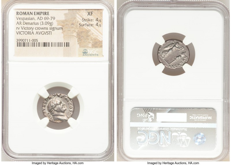 Vespasian (AD 69-79). AR denarius (17mm, 3.09 gm, 7h). NGC XF 4/5 - 4/5. Rome, A...