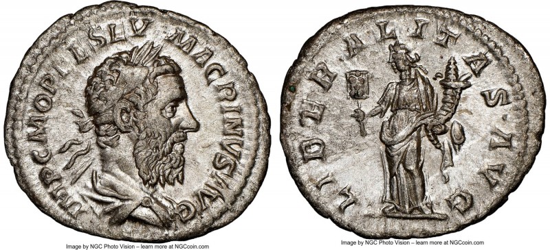 Macrinus (AD 217-218). AR denarius (20mm, 5h). NGC AU. Rome. IMP C M OPEL SEV MA...