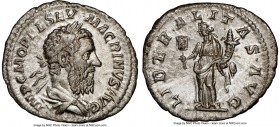 Macrinus (AD 217-218). AR denarius (20mm, 5h). NGC AU. Rome. IMP C M OPEL SEV MACRINVS AVG, laureate, draped bust of Macrinus right, seen from behind ...