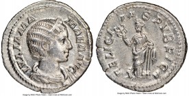 Julia Mamaea (AD 222-235). AR denarius (20mm, 1h). NGC Choice AU. Rome. IVLIA MA-MAEA AVG, draped bust of Julia Mamaea right, seen from front, wearing...