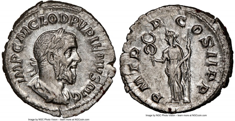 Pupienus (April-July AD 238). AR denarius (19mm, 3.59 gm, 5h). NGC Choice AU 5/5...