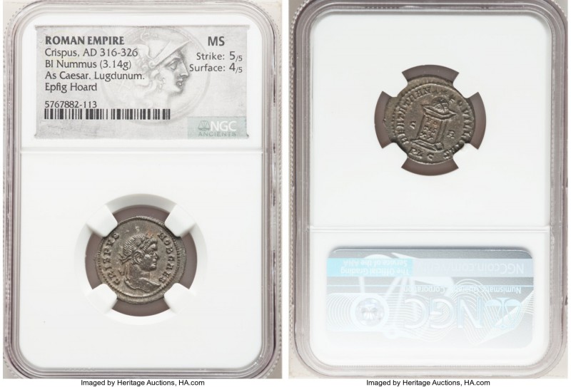 Crispus (AD 316-326). AE3 or BI nummus (20mm, 3.14 gm, 7h). NGC MS 5/5 - 4/5. Lu...