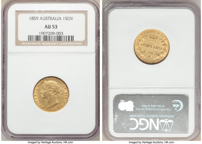 Victoria gold Sovereign 1859-SYDNEY AU53 NGC, Sydney mint, KM4. AGW 0.2353 oz. ...