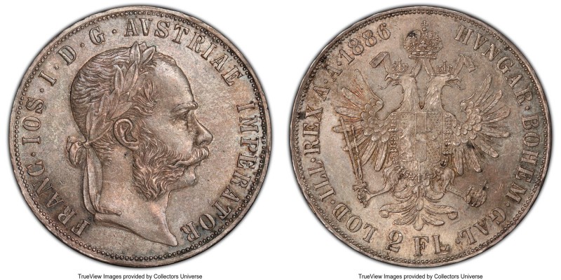 Franz Joseph I 2 Florin 1886 MS64 PCGS, KM2233. Gray, pink and blue toning. Coin...