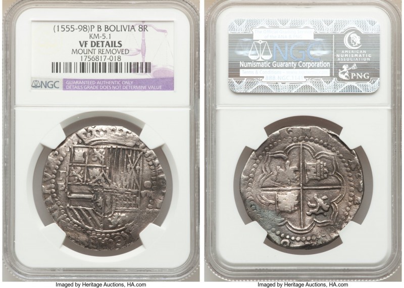 Philip II Cob 8 Reales ND (1555-1598) P-B VF Details (Mount Removed) NGC, Potosi...