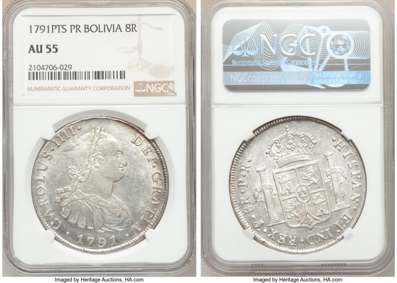 Charles IV 8 Reales 1791 PTS-PR AU55 NGC, Potosi mint, KM73.

HID09801242017
...