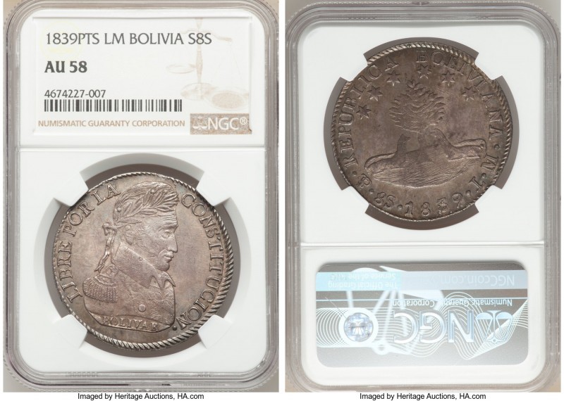 Republic 8 Soles 1839 PTS-LR AU58 NGC, Potosi mint, KM97. Exceptional strike for...