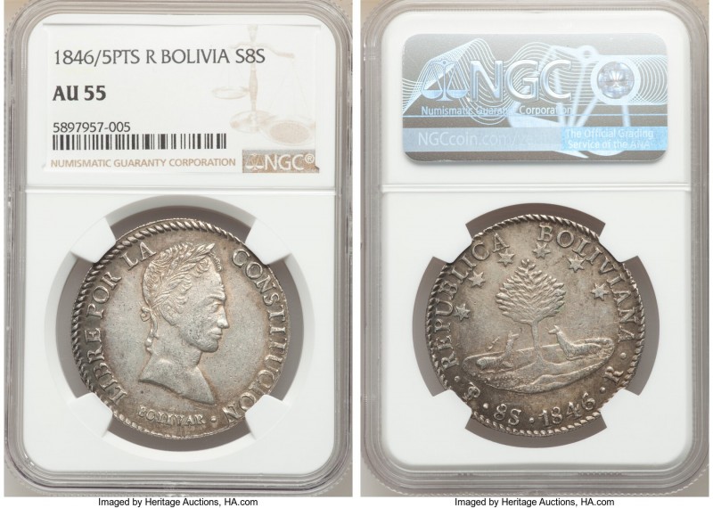 Republic 8 Soles 1846/5 PTS-R AU55 NGC, Potosi mint, KM103.

HID09801242017
...