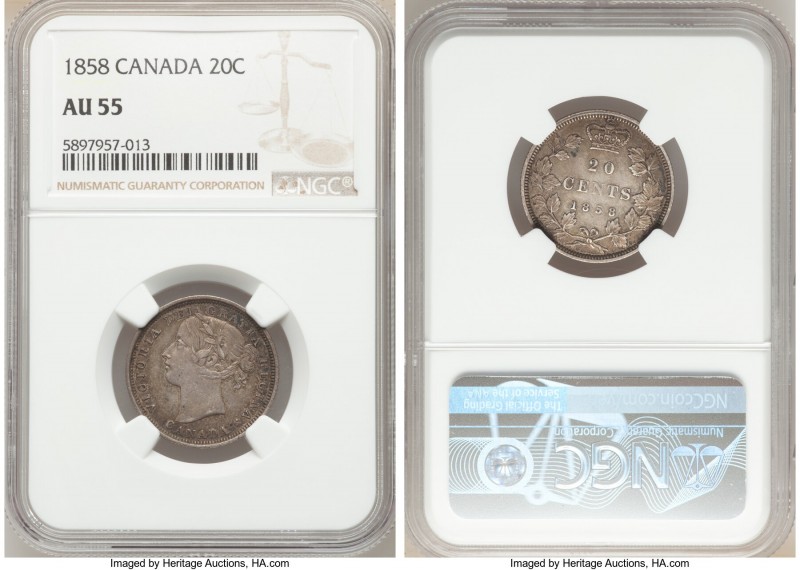 Victoria 20 Cents 1858 AU55 NGC, London mint, KM4. One year type. 

HID0980124...