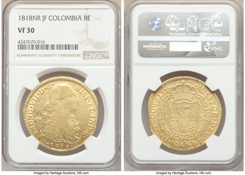 Ferdinand VII gold 8 Escudos 1818 NR-JF VF30 NGC, Nuevo Reino mint, KM66.1. AGW ...