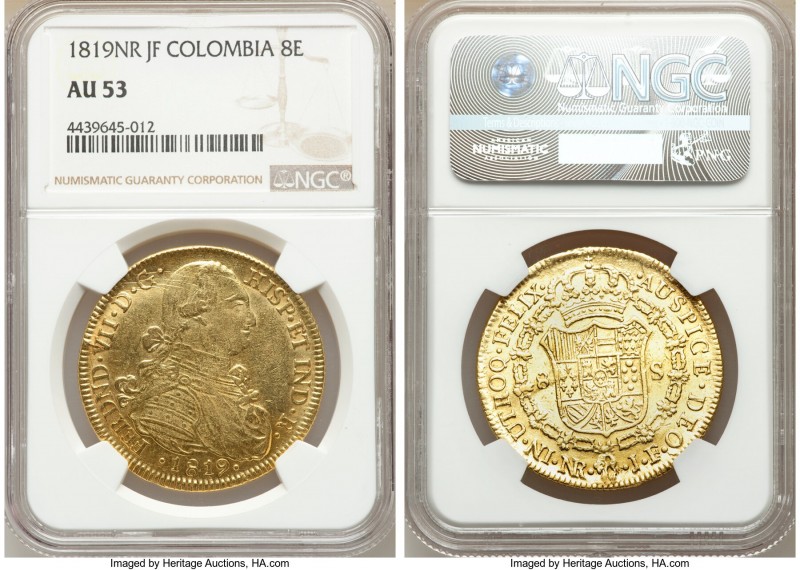 Ferdinand VII gold 8 Escudos 1819 NR-JF AU53 NGC, Nuevo Reino mint, KM66.1. AGW ...