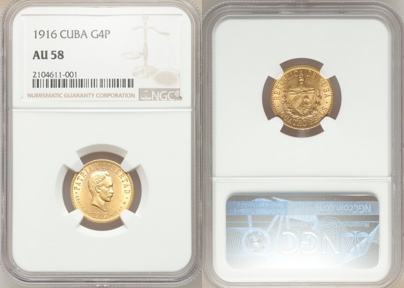 Republic gold 4 Pesos 1916 AU58 NGC, KM18. AGW 0.1935 oz. 

HID09801242017

...