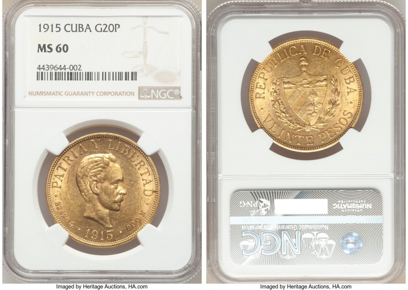 Republic gold 20 Pesos 1915 MS60 NGC, Philadelphia mint, KM21. One year type. AG...