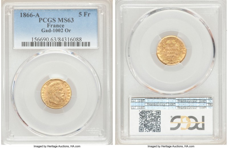 Napoleon III gold 5 Francs 1866-A MS63 PCGS, Paris mint, KM803.1, Gad-1002. AGW ...