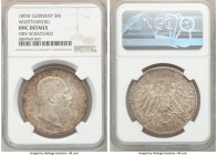 Württemberg. Wilhelm II 5 Mark 1895-F UNC Details (Obverse Scratched) NGC, Stuttgart mint, KM632. Red-gold and gray toning. 

HID09801242017

© 20...