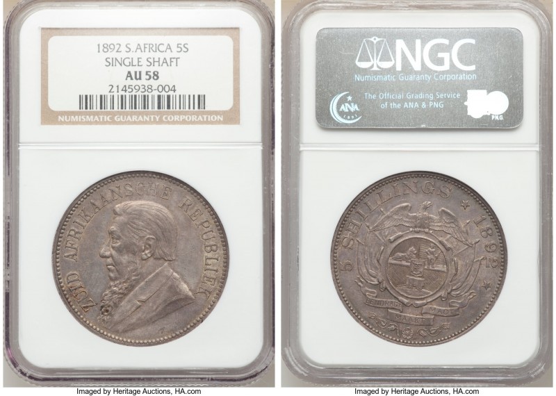 Republic "Single Shaft" 5 Shillings 1892 AU58 NGC, Berlin mint, KM8.1. Mintage: ...