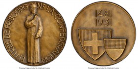 Confederation bronze Specimen "450th Anniversary of Fribourg's Entry into Confederation" Medal 1931 SP66 PCGS, 40mm. Nicholas De Flue standing facing ...