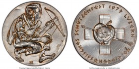 Confederation silver Specimen "50th Anniversary of Luzern Shooting Festival" Medal 1979 SP67 PCGS, By Hans Erni. William Tell, head left squatting pos...