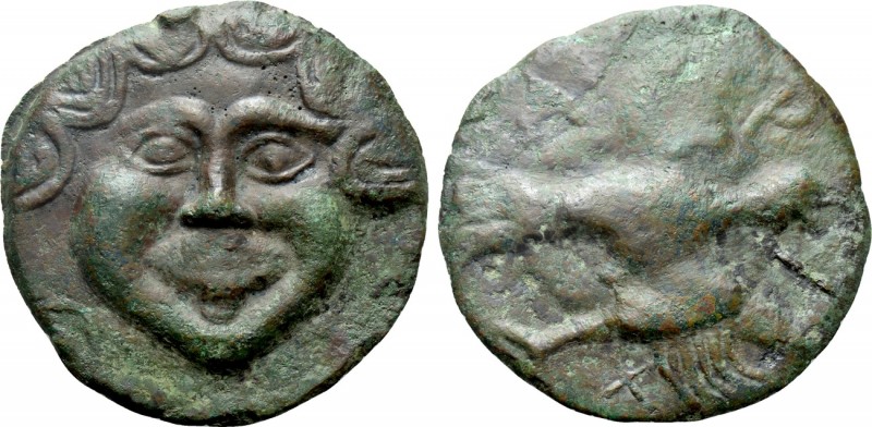 SKYTHIA. Olbia. Cast Ae (Circa 450-425 BC).

Obv: Facing Gorgoneion.
Rev: A -...