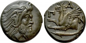 CIMMERIAN BOSPOROS. Pantikapaion. Ae (Circa 310-304/3 BC). 

Obv: Bearded head of satyr right.
Rev: Π - Α - Ν. 
Forepart of griffin left; below, s...