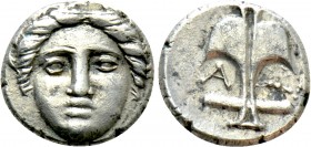 THRACE. Apollonia Pontika. Diobol (Circa 375-335 BC). Attic standard. 

Obv: Facing laureate head of Apollo.
Rev: Upright anchor; A to left, crayfi...
